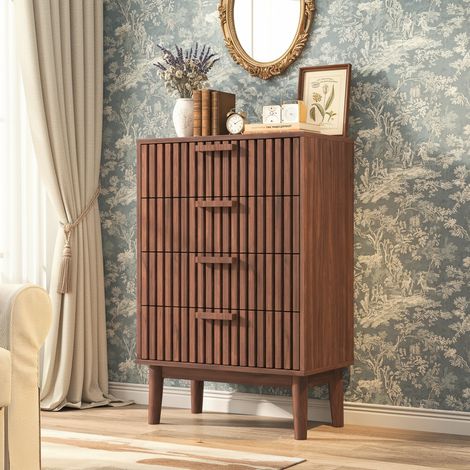 Commode B60 cm Patins antidérapants conception antidérapante en métal 4 tiroirs avec poignées grand espace de rangement coloris noyer (1/5)