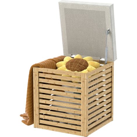Coffre de rangement tabouret de rangement 54.76 L design lamellé cadre en bambou naturel 40 x 40 x 47 cm bois naturel (1/5)