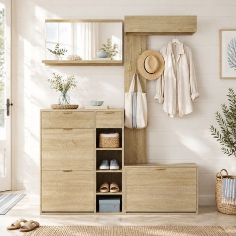 4-teiliges Garderobenset 130 x 30 x 174 cm, Natur, platzsparend – MEUBLIV (1/5)