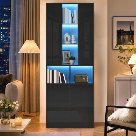 Armario alto (70x35x180 cm), con iluminación LED controlada por app, ventana acrílica, MDF y tablero de partículas negro (1/5)
