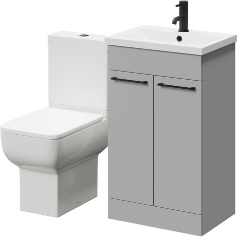 Wholesale Domestic Alessio Gloss Grey Pearl 500mm Vanity Unit and Toilet Suite including Open Back Toilet and Floor Standing Vanity Unit with 2 Doors and Matt Black Handles (1/5)