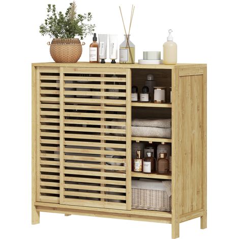 Armoire bambou 2 portes coulissantes lames 4 étagères meuble salle de bain 80x34x80 cm
