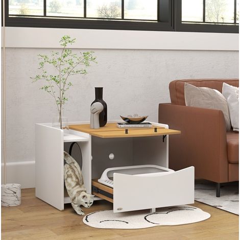 Mobile lettiera per gatti con cassetto scorrevole, 78 x 50 x 51 cm, rovere/bianco HAVRYA (1/4)