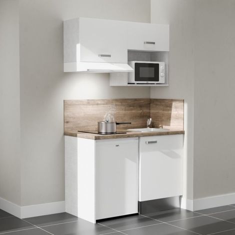 Kitchenette K02L-PT - 120 cm avec plan de travail et évier - emplacements frigo, hotte et micro-ondes - Façade Blanc - Plan Bois - Evier Inox - Crédences Oui