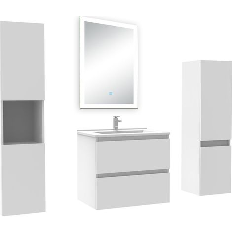 Acezanble Ensemble meuble Salle de Bain 60cm simple vasque avec colonne et miroir lumineux dimmable blanc