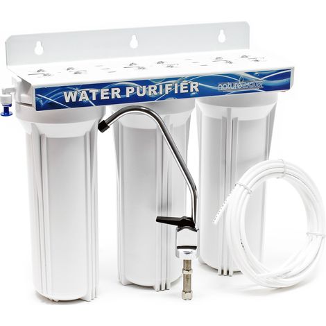 Naturewater NW-PR303 Filtre à eau potable 1/4 6,35 mm – 395 x 155 x 360 mm – 3 Étapes – 360 L/h – pour 10" / Ø 60 mm – avec Sédiments et Charbon actif – Filtration Purification Bactéries Pesticides"