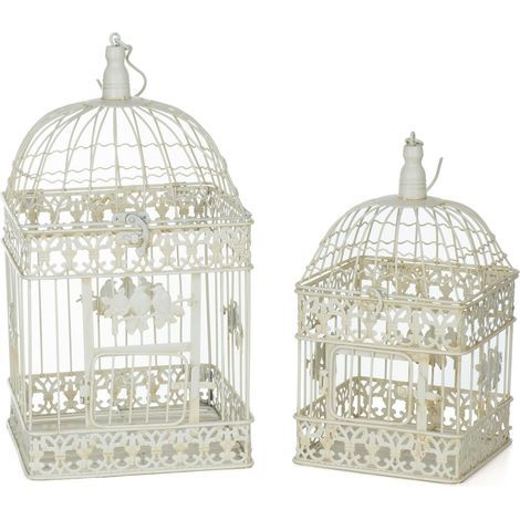 Set aus 2 Vogelkäfigen aus weiß patiniertem Metall, mit floralen Verzierungen im Vintage-Stil, für den Innen- und Außenbereich (1/5)