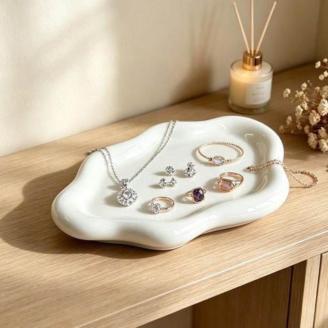 Plateau à bijoux en céramique, plat décoratif en céramique blanc, décoration esthétique pour fille, pour ranger bagues, colliers, bracelets, parfums, et décoration de salle de bain, table de (1/5)