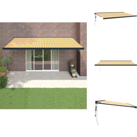 Auvent rétractable jaune et blanc 5x3 m tissu et aluminium - Store Véranda - Auvent Extensible - Abri Solaire - Protection UV - Pergola Murale (1/5)