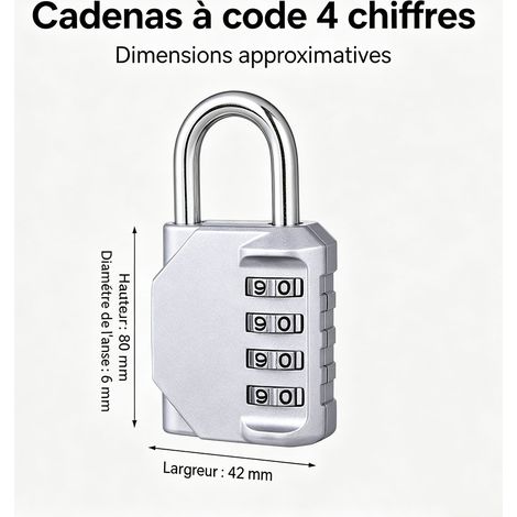 Lot de 2 cadenas à combinaison 4 chiffres, cadenas de sécurité grand modèle argenté, antivol pour casier, armoire, bagage et portail - Argenté (1/5)