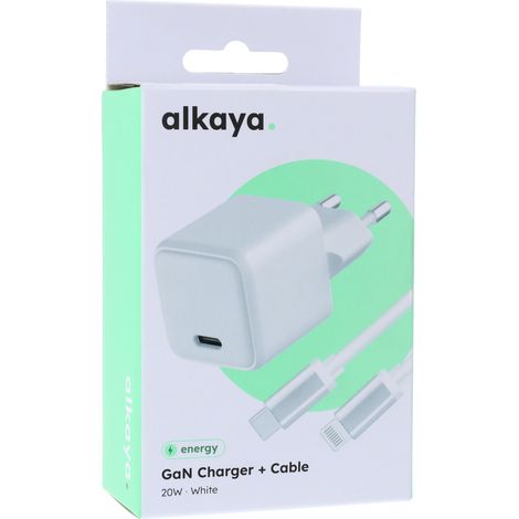 Alkaya.  Nexus Speed Flex  Kit cargador  Compatibilidad universal  Cargadores con tecnología GaN 20W USB-C + cable de datos 1m USB-C - Lightning  Blanco