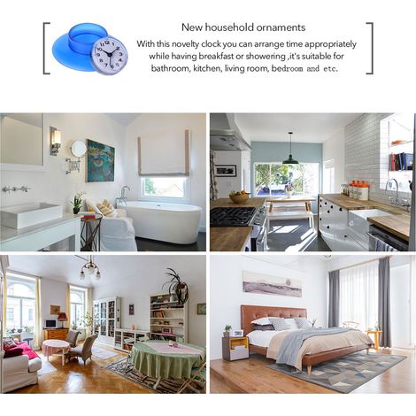 Mini-Badezimmer-Küchenspiegel-Wanduhr mit Saugnapf, wasserdicht, Quarzuhr, Dekoration, blau (1/4)