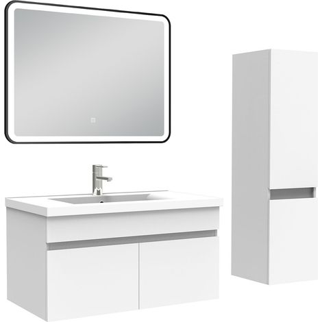 Ocean Meuble simple vasque 80cm avec colonne + miroir lumineux blanc