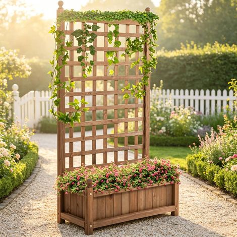 Jardinera con celosía, 64 x 28 x 120 cm, madera de abeto natural HAVRYA (1/5)