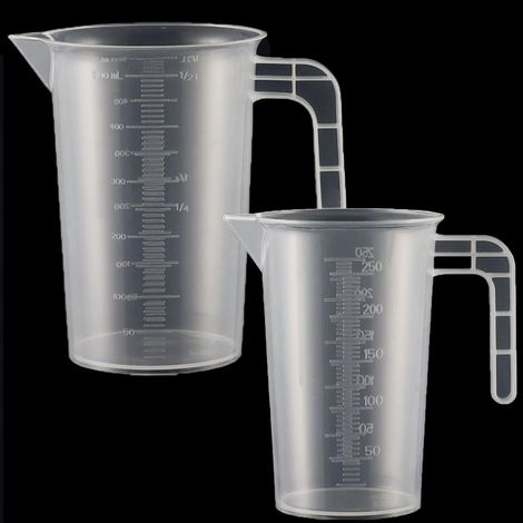 Lot de 2 verres doseurs en plastique avec poignée et graduation de gramme 250 ml + 500 ml, Résistant à la chaleur, Pour détergent, cuisine, Graduation fine, Convient à un usage alimentaire (transparen (1/5)