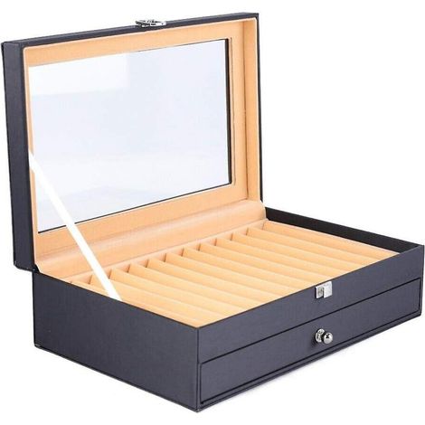 1 porte-stylo plume, 24 emplacements, coffret rangement bois simili cuir flanelle, couvercle transparent, usage bureau domicile (1/5)