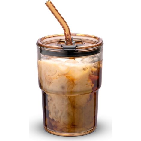 Gobelet isotherme en verre de 400 ml avec couvercle et paille - Couleur ambre, étanche, double paroi - Idéal pour le café et le thé glacé - Mug de voyage portable (1/5)