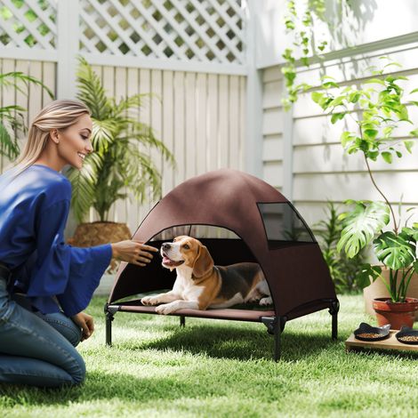 Panier d'extérieur surélevé avec toit pour chien de taille moyenne, 76 x 61 x 71 cm, couleur café (1/5)