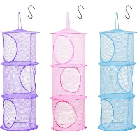 Set aus 3 faltbaren Aufbewahrungsnetzen aus Netzgewebe für Kinder mit S-Haken zur Aufbewahrung kleiner Plüschtiere.