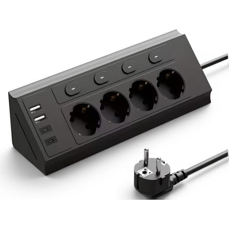 ORION91oficial® - Corner Power Strip 8 in 1 with 4 Switches, 2 USB-A and 2 USB-C Ports, 4 Schuko Outlets, 1.5m Cable, Black for Home and Office Use, Surge Protection and Smart Features. (1/5)