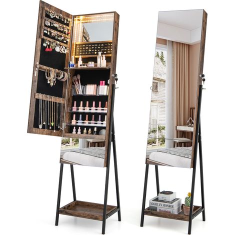 Armoire à bijoux marron rustique avec miroir pleine longueur, éclairage LED 3 couleurs et serrure, pour chambre, dressing et entrée (1/5)