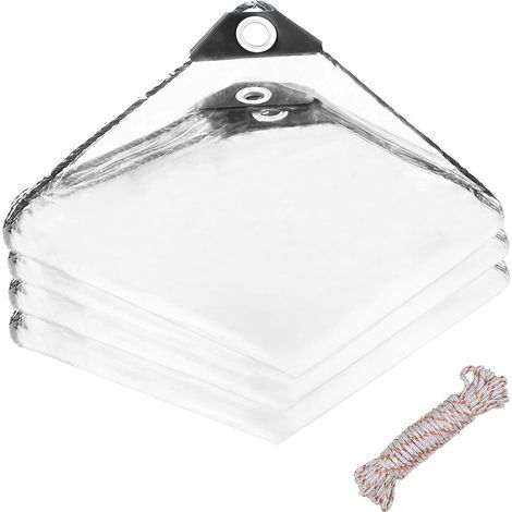 1 x 2 m Bâche Transparente avec œillets, 400g/m² Bâche Imperméable en PVC, Bâche de Protection Exterieur, avec 5m de Corde de Fixation, pour Jardins, Serres, Plantes, Piscines, Garages