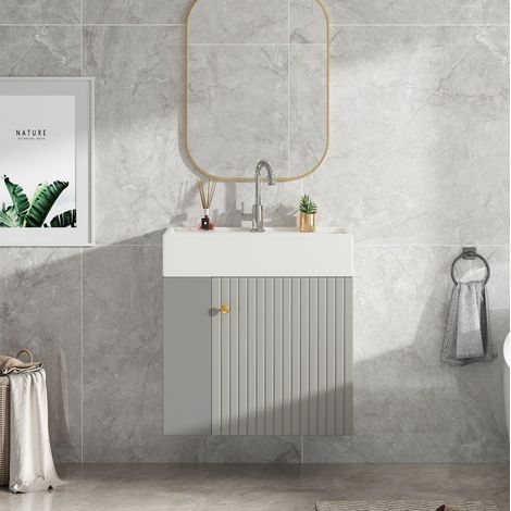 Meuble lave-mains en panneaux de particules gris et blanc avec rangements latéraux et vasque en céramique (1/5)