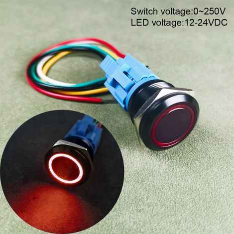 Gebildet Bouton-Poussoir Momentané en Acier Inoxydable 22mm 12V-24V LED 1NO1NC SPDT on Off Bouton Etanche avec Prise de Fil (LED rouge et Coque Noire)