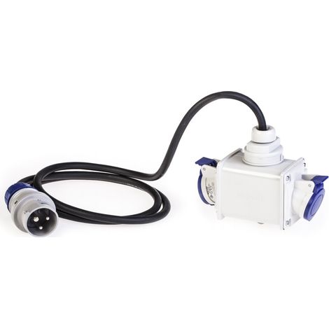 Adaptateur entrée fiche 2P+T 16A 230V mâle / sortie 2 prises femelles clapet bleu rallonge 2m derivation étanche IP44