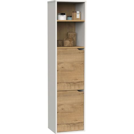 Columna de Baño Suspendida Nadia 2 huecos, estantes regulables, 2 armarios Blanco mate y Roble gold 37x150x30 cm (1/5)
