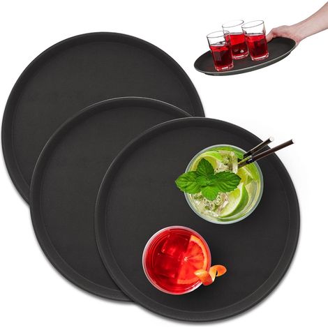 Lot de 3 Plateaux Ronds, Surface Antidérapante, Bord Relevé, Restaurant, Noir (1/5)