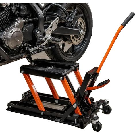 Elevador hidráulico para motocicletas, altura regulable, capacidad de carga de 700 kg, color negro. (1/2)