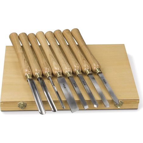 Holzstar – Coffret de 8 ciseaux à bois – 3 gouges, 1 ciseau de décolletage, 1 ciseau rond, 2 ciseaux droits, 1 racloir – Longueur des manches 250mm – SKU 5931011