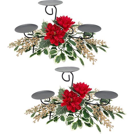 (Feuille de Noël, Noix dorée, Bougeoir rouge de Noël, Style A, A10083) Lot de 2 bougeoirs de Noël artificiels, décorations de Noël et du Nouvel An, décorations de bureau, bougeoirs décoratifs, ornemen (1/2)