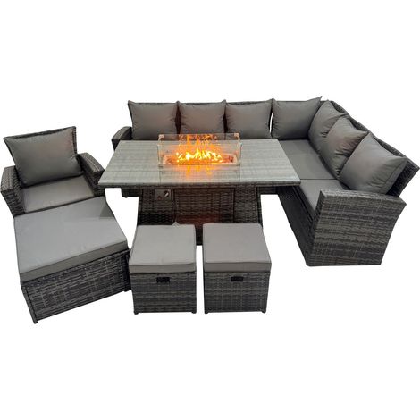 Fimous Outdoor Furniture Garden Dining Set Rattan Corner Sofa Chair Set Gas Fire Pit Table with Temper Glass 3 Footstools Dark Grey Mixed (1/5)