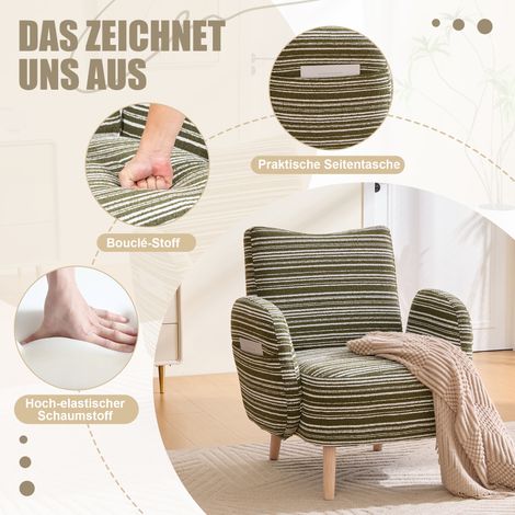 Fauteuil moderne en tissu bouclé vert olive à motifs circulaires, poche latérale, pieds en bois massif – fauteuil de lecture confortable pour salon, chambre, bureau (1/4)