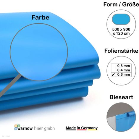 Premium Poolfolie für Ovalpool, 900 cm x 500 cm x 120 cm, Stärke: 0,6 mm, blau, Einhängebiese (1/5)