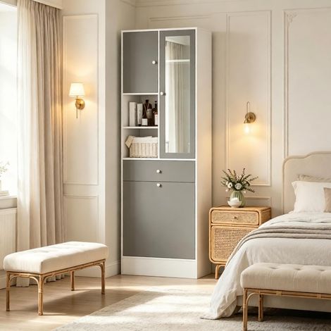 Armoire de rangement haute, meuble de salle de bain avec panier à linge et miroir, meuble de salle de bain avec étagère réglable (uniquement avec l'armoire de rangement haute) (1/5)
