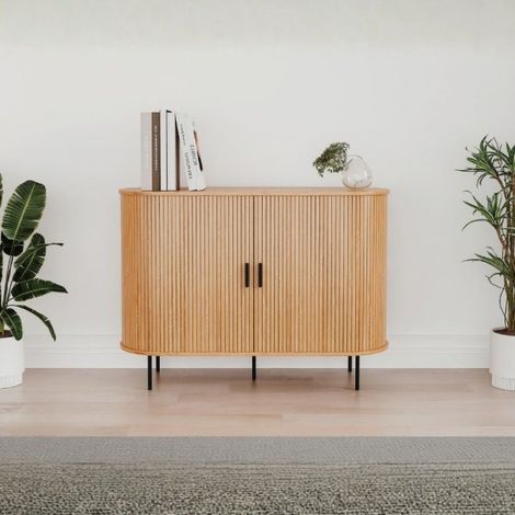 Madia Soggiorno Moderna 120 cm 2 Ante Scorrevoli Listellate Rovere MDF