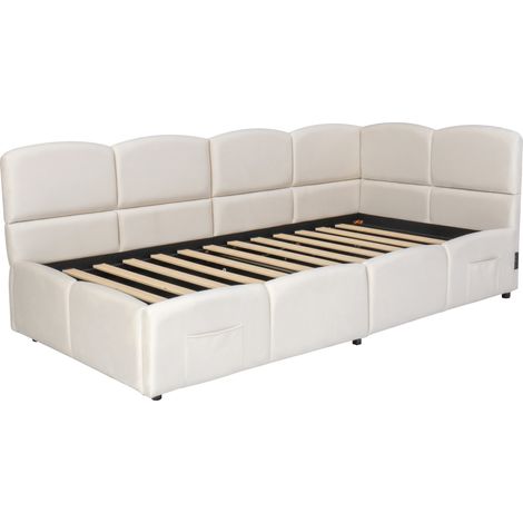 Cama con almacenaje 90x200 cm en terciopelo beige con somier, USB y bolsillos (1/5)