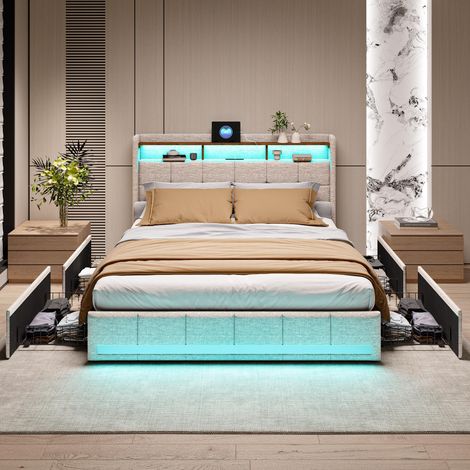 Lit avec tiroirs 140x190 cm, Lit coffre adulte avec éclairage LED RGB, station de charge USB-C et tête de lit de rangement, Lin, Beige
