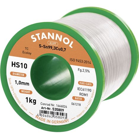 Stannol HS10 2,5% 1,0MM SN99,3CU0,7 CD 1000G Lötzinn, bleifrei bleifrei, Spule Sn99,3Cu0,7 ROM1 1000