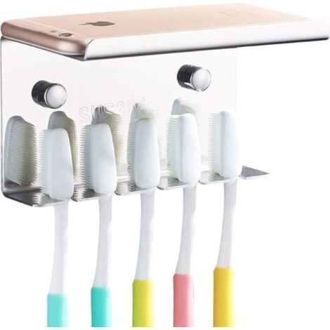 Porte-brosse À Dents Murale - Acier Inoxydable 304 - Adhésif 3M - Étagère Intégrée - Pour Brosse À Dents Téléphone Dentifrice Nettoyant Visage - Argent - Lot De 1