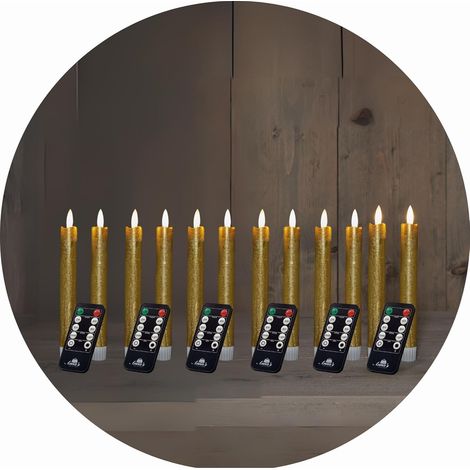 Bougies coniques LED avec minuterie OR 12 pièces intérieur 6 heures VRAIE CIRE 18 cm de hauteur pour les bougies 2,2 cm de diamètre 2 piles AAA