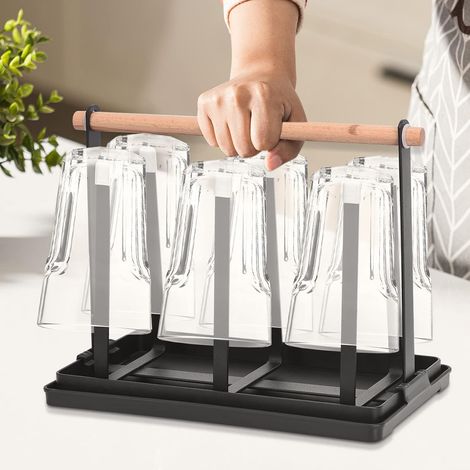 Égouttoir à bouteilles pour six verres et tasses avec plateau amovible support anti glisse pour verrerie et bouteilles