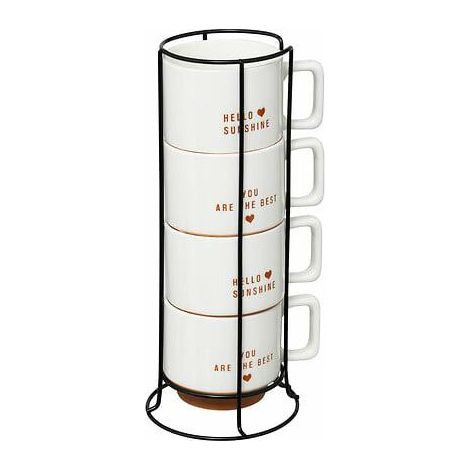 Juego de 4 tazas de 300 ml con soporte, color blanco/terracota, con inscripciones.