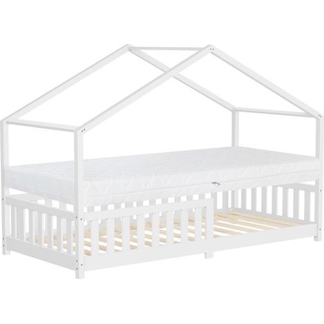 ML-Design Letto a Casetta per Bambini 90x200 cm Bianco in Legno Massello di Pino con Materasso A:16 cm Protezione Anticaduta e Tetto, Stile Montessori, Struttura Bassa a Capanna per Cameretta