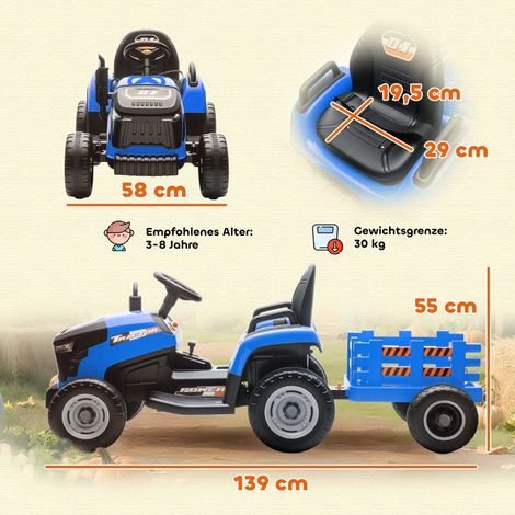 Tracteur à pédales enfant bleu, véhicule électrique avec télécommande parentale, démarrage en douceur, jouet d'extérieur pour petits de 3 à 8 ans, cadeau robuste. (1/5)