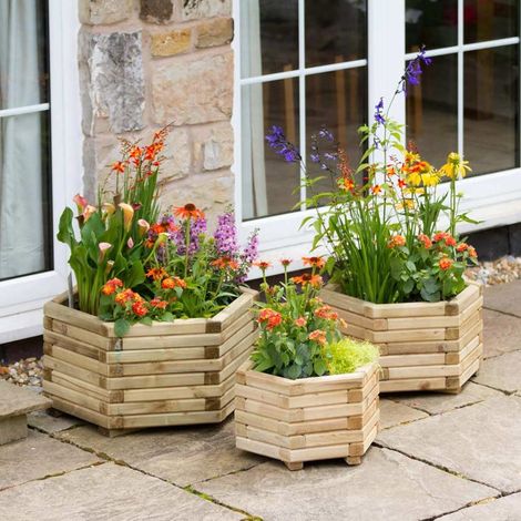 Zest Set of 3 Marford Wooden Hexagonal Garden Planters Flowers (1/5)