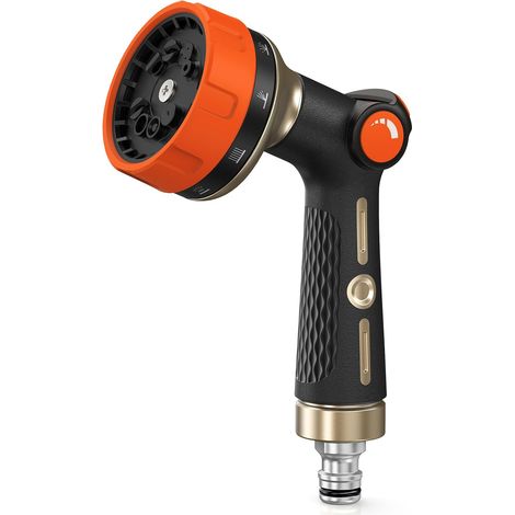 Heavy Duty Metal Watering Gun, 10 Shapes of Spray, Thumb Flow Control, Garden Hose Gun for Watering and Cleaning the Garden, Orange (1/5)